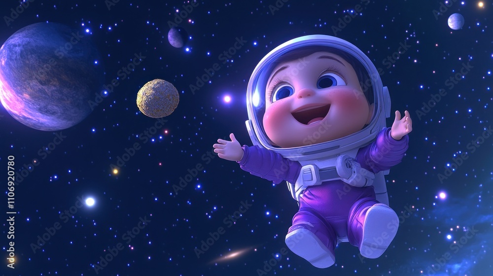 A joyful baby astronaut floats in space, surrounded by colorful planets and stars. A joyful baby astronaut floats in space, surrounded by colorful planets and stars.