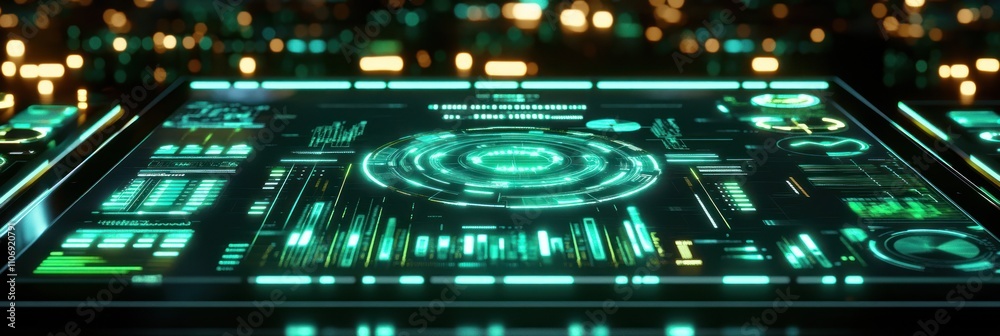 Futuristic digital interface with glowing graphics and data visualization elements. Futuristic digital interface with glowing graphics and data visualization elements.