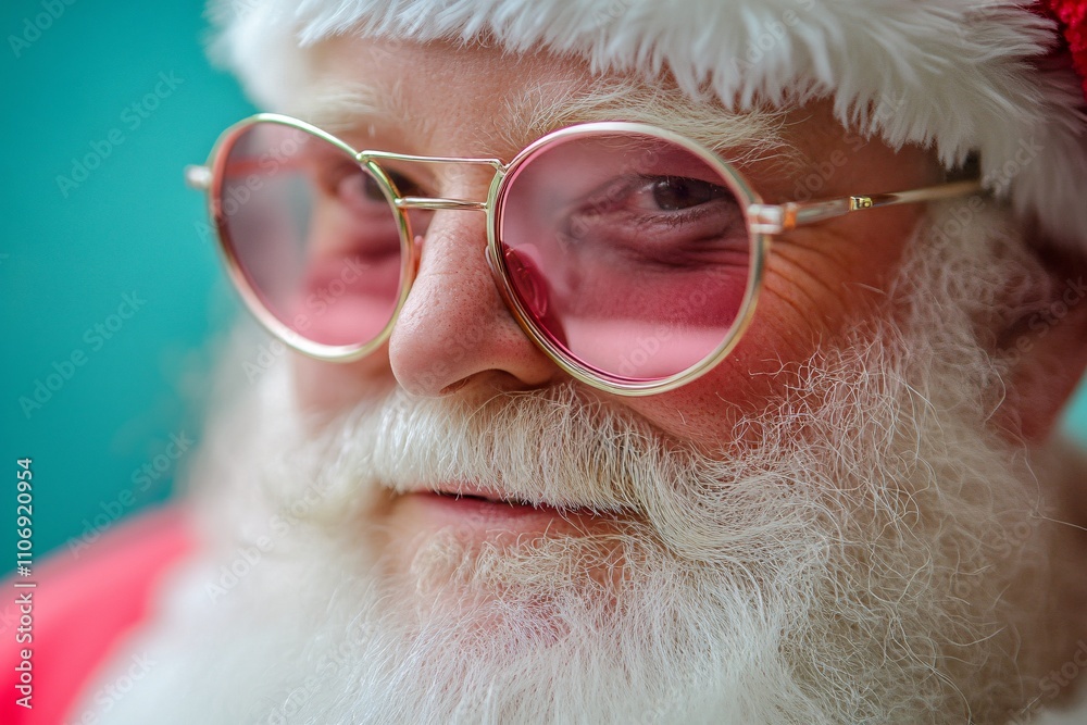 Santa Claus, face only, youthful appearance, cool attitude, wearing trendy pink sunglasses, slight smirk, soft teal background, medium close-up 2