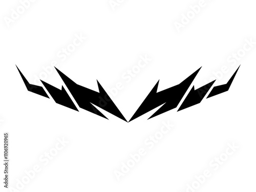 A symmetrical, abstract black tribal design with sharp, jagged edges, resembling lightning bolts or wings, set against a white background.
