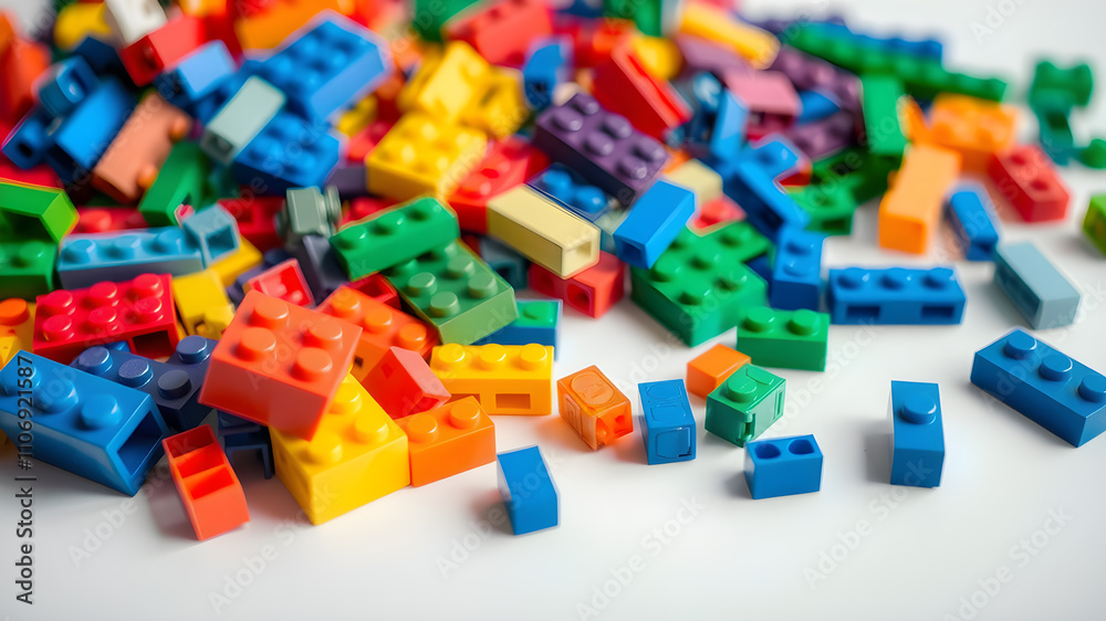 Plastic building bricks scattered on a white table, vibrant colors, ample space for text on the bottom. Generative AI Plastic building bricks scattered on a white table, vibrant colors, ample space for text on the bottom. Generative AI