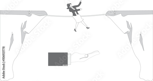 Big hand catching businesswoman who falling from rope tightrope