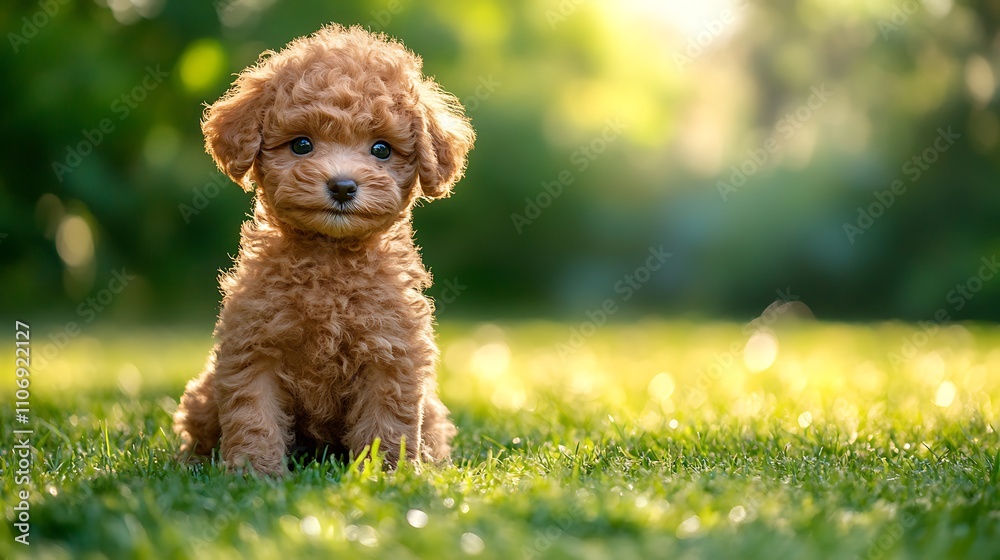 A cute little brown poodle puppy is sitting on the grass A cute little brown poodle puppy is sitting on the grass
