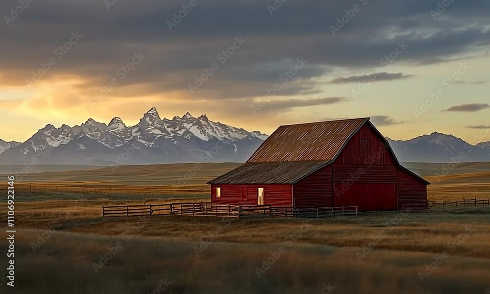 Red Barn at Sunset with Majestic Mountain Range in the Background