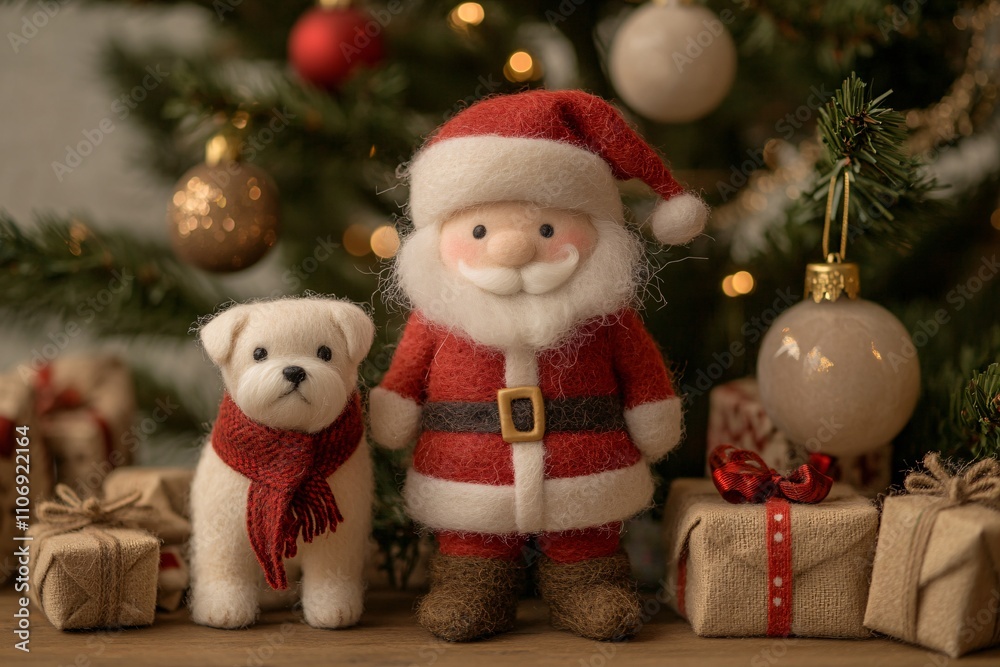 Felted Santa Claus in a traditional festive scene, standing beside a Christmas tree, white dog wearing a red scarf, surrounded by wrapped gifts, golden tones 5 Felted Santa Claus in a traditional festive scene, standing beside a Christmas tree, white dog wearing a red scarf, surrounded by wrapped gifts, golden tones 5
