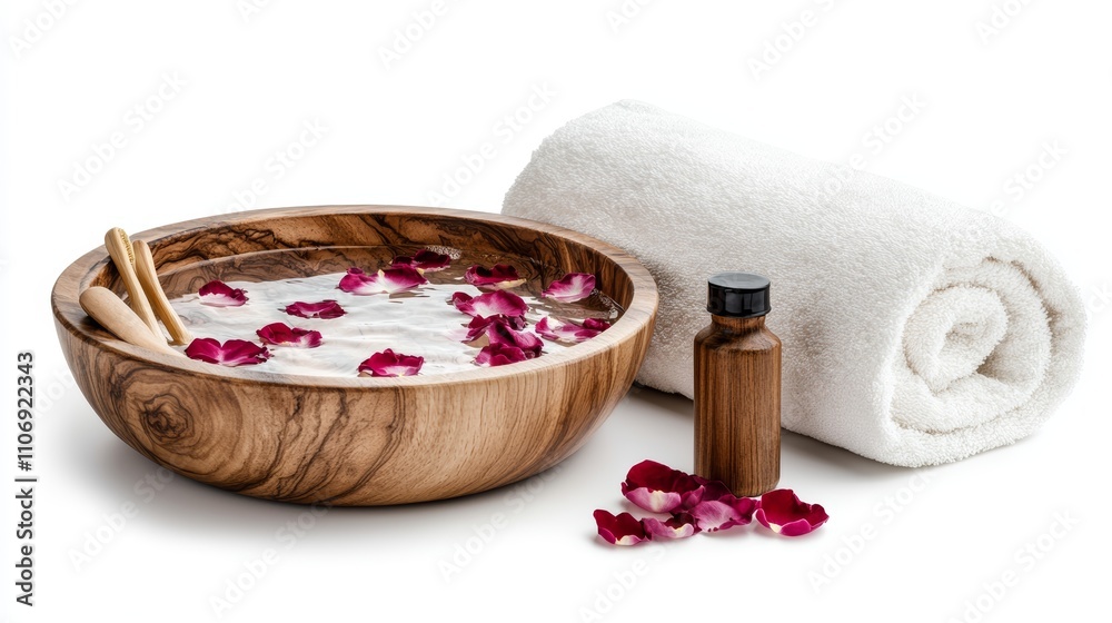Self care routine a bowl of water and rose petals with white towel and essential oil isolated on white background