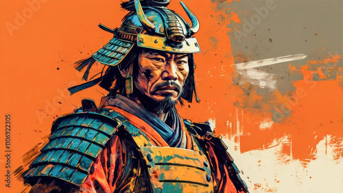 Samurai in full armor, on orange background, close-up. Japanese culture.