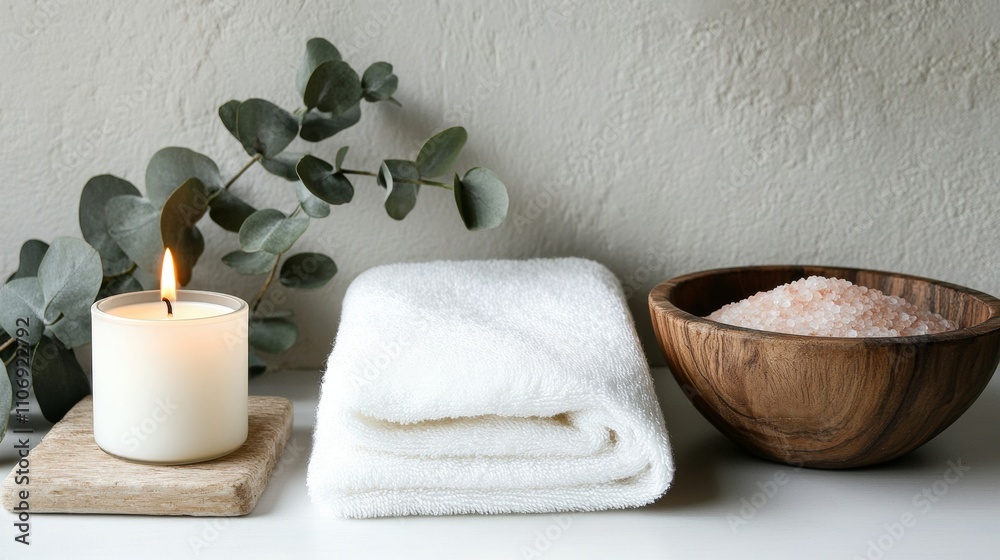 Self care spa essentials with candle, towel, and Himalayan salt