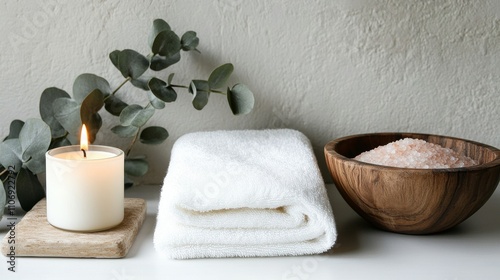 Obraz na płótnie Self care spa essentials with candle, towel, and Himalayan salt w salonie