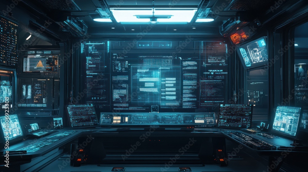 Futuristic Control Room: A Cyberpunk Digital Workstation Futuristic Control Room: A Cyberpunk Digital Workstation