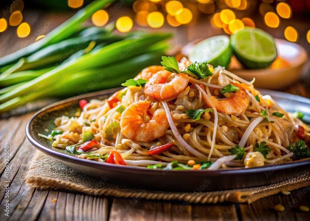 Exquisite Pad Thai: A Tangled Medley of Rice Noodles Stir-Fried with Shrimp, Bean Sprouts, and Crushed Peanuts Captured in Stunning Bokeh Effect for Food Photography Enthusiasts Exquisite Pad Thai: A Tangled Medley of Rice Noodles Stir-Fried with Shrimp, Bean Sprouts, and Crushed Peanuts Captured in Stunning Bokeh Effect for Food Photography Enthusiasts