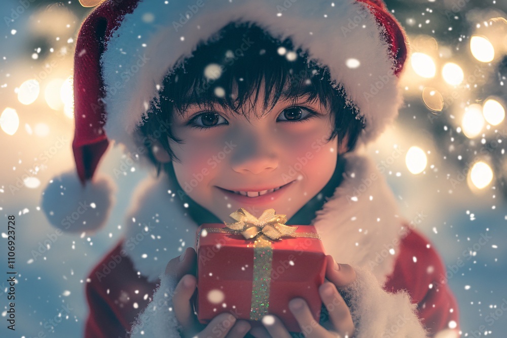 Anime-style boy in a Santa outfit holding a small gift, snowy background with Christmas tree lights in the distance, close-up of his smiling face, festive mood 3 Anime-style boy in a Santa outfit holding a small gift, snowy background with Christmas tree lights in the distance, close-up of his smiling face, festive mood 3