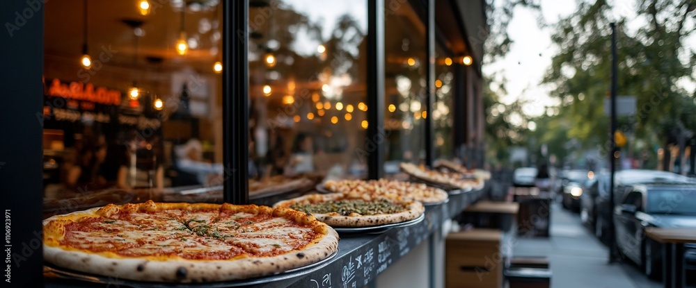 Freshly baked pizzas displayed outside a restaurant on a lively street. Freshly baked pizzas displayed outside a restaurant on a lively street.