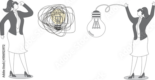 Businesswoman office worker decluttering his mind light bulb with tangled messy electrical line and regaining restoring his focus clear thinking