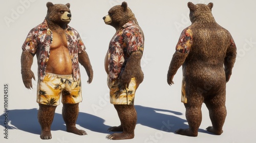 A stylized bear wearing a floral shirt and shorts, showcasing a fun, beach-themed character design. photo