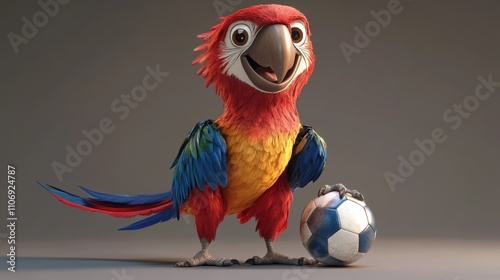 A colorful cartoon parrot holding a soccer ball, exuding a cheerful vibe. photo