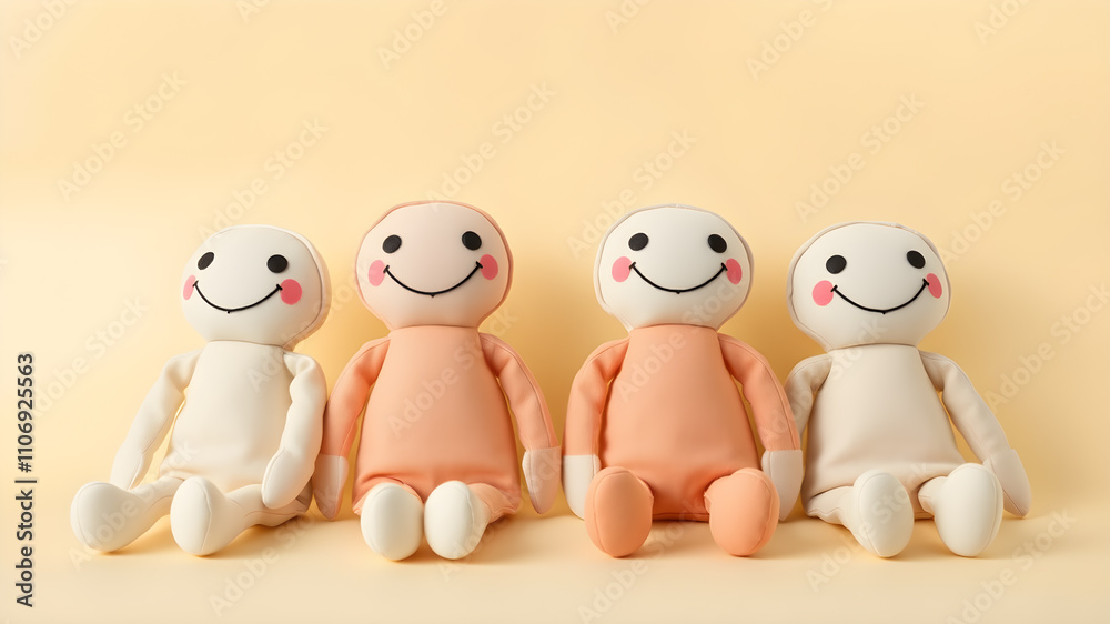 Soft fabric dolls with sewn-on smiles sitting in a line, pale yellow background, room for text on the top. Generative AI Soft fabric dolls with sewn-on smiles sitting in a line, pale yellow background, room for text on the top. Generative AI