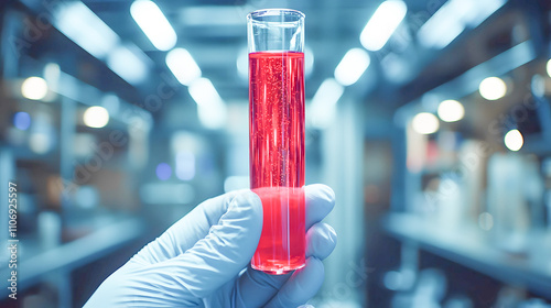 Laboratory action test tube hand holding red liquid science environment close-up viewpoint for research