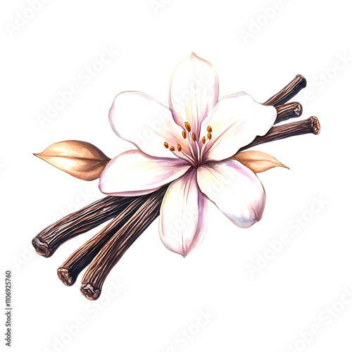 Watercolor Illustration of Vanilla Flower and Pods Botanical Art Food Ingredient Natural Flavor