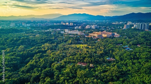 Lush Urban Landscape Surrounded by Mountains and City Skyline Views