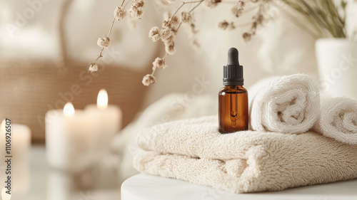 relaxing spa like scene with essential oils and soft towels