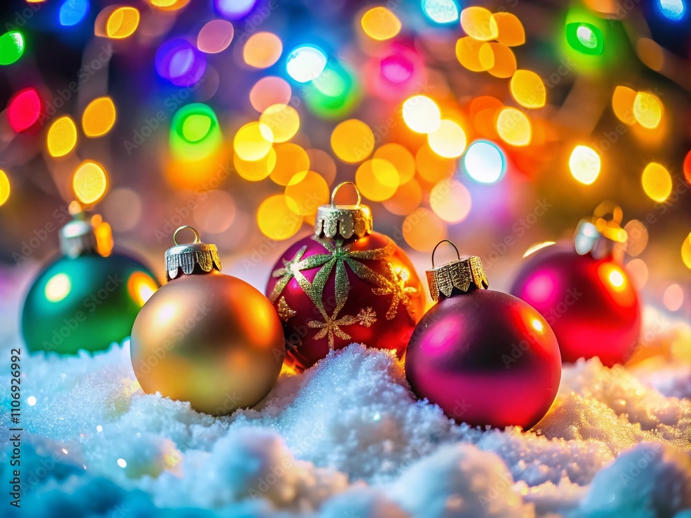 Fototapeta premium Festive Christmas Baubles Adorned with Snow and Colorful Bokeh Lights Creating a Magical Holiday Atmosphere for Seasonal Celebrations and Festive Gatherings