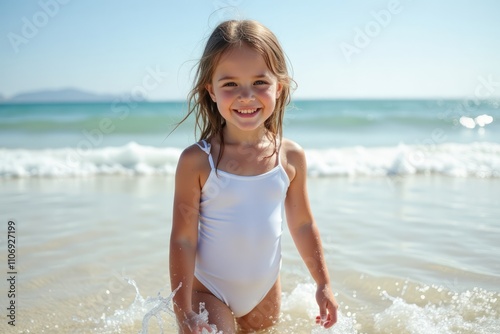 Happy Little Girl Playing in Ocean Waves
