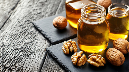 Golden Walnut Oil in Jars with Nuts on Dark Wood