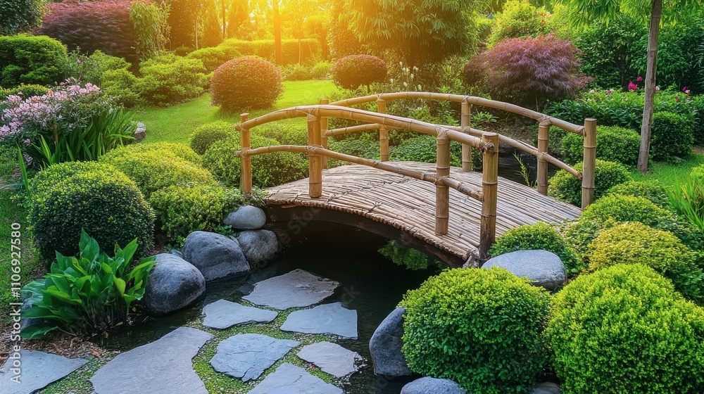 Fototapeta premium Serene Bamboo Bridge in Tranquil Garden at Sunset Glow