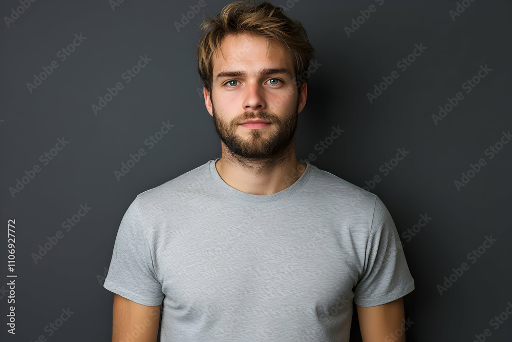 Studio Portrait: A Young Man with a Beard Wearing a Grey T-Shirt Against a Dark Background Studio Portrait: A Young Man with a Beard Wearing a Grey T-Shirt Against a Dark Background