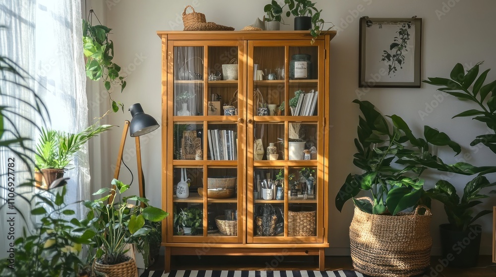 Sunlit room with wooden cabinet, plants, and decor. Sunlit room with wooden cabinet, plants, and decor.