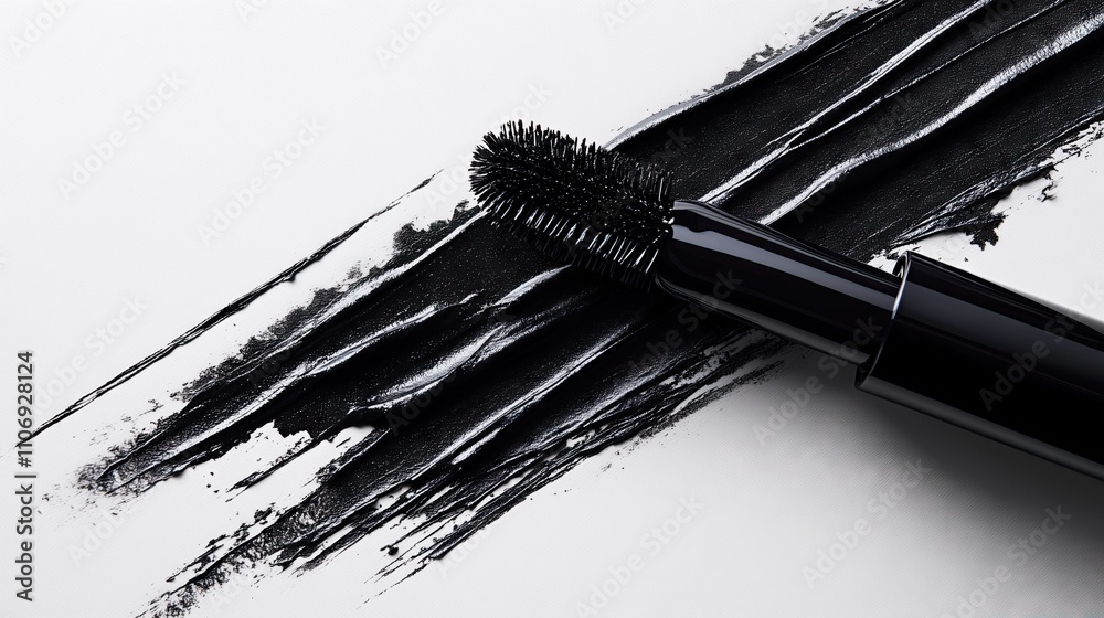 A shiny black mascara wand with glossy hairs that glides smoothly on a clean white background. The clean design emphasizes precision and elegance, perfect for creating a cosmetic brand. A shiny black mascara wand with glossy hairs that glides smoothly on a clean white background. The clean design emphasizes precision and elegance, perfect for creating a cosmetic brand.