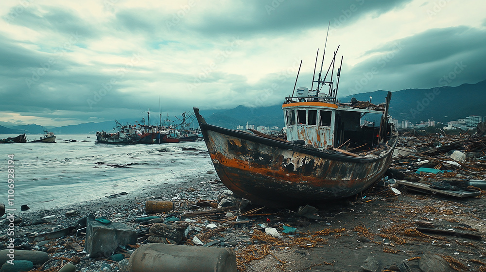 An abandoned fishing boat lies on a coastal shoreline surrounded by debris, with dramatic mountains and cloudy skies in the background. An abandoned fishing boat lies on a coastal shoreline surrounded by debris, with dramatic mountains and cloudy skies in the background.