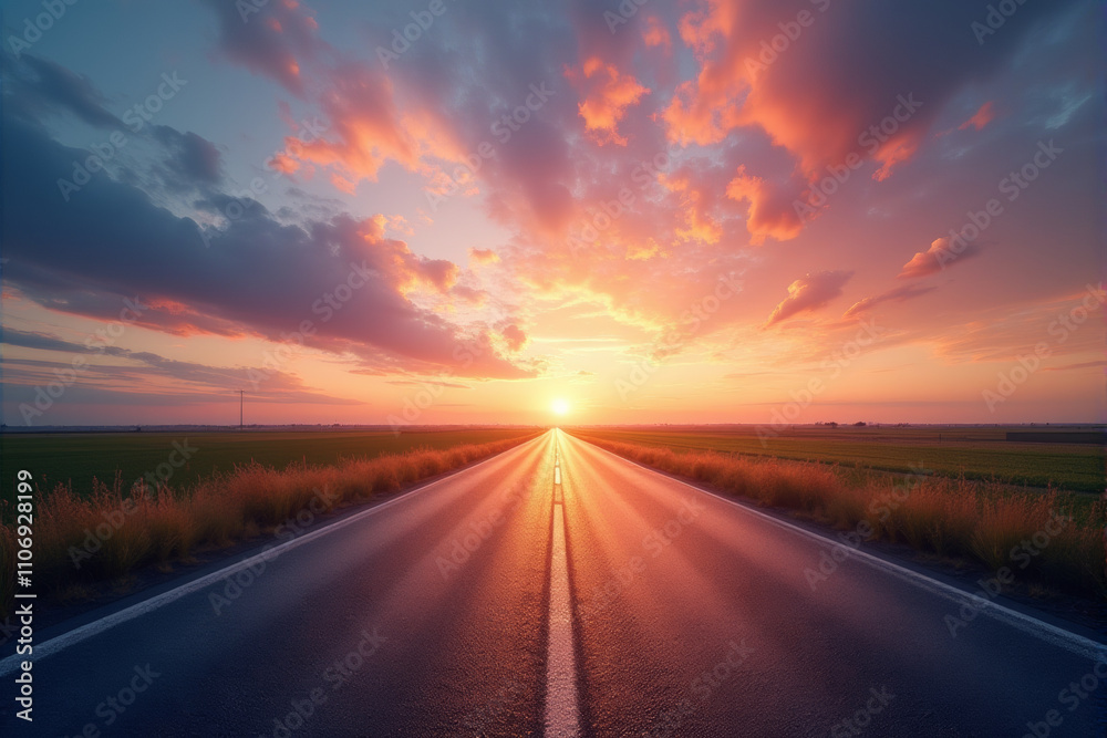 Naklejka premium A straight road leading towards a vibrant sunset, symbolizing the journey ahead.