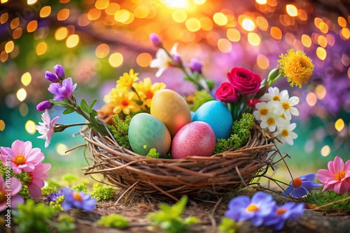 Festive Easter Eggs Nestled Among Vibrant Flowers in a Cheerful Spring Background with Bokeh Effect for a Lively Seasonal Atmosphere