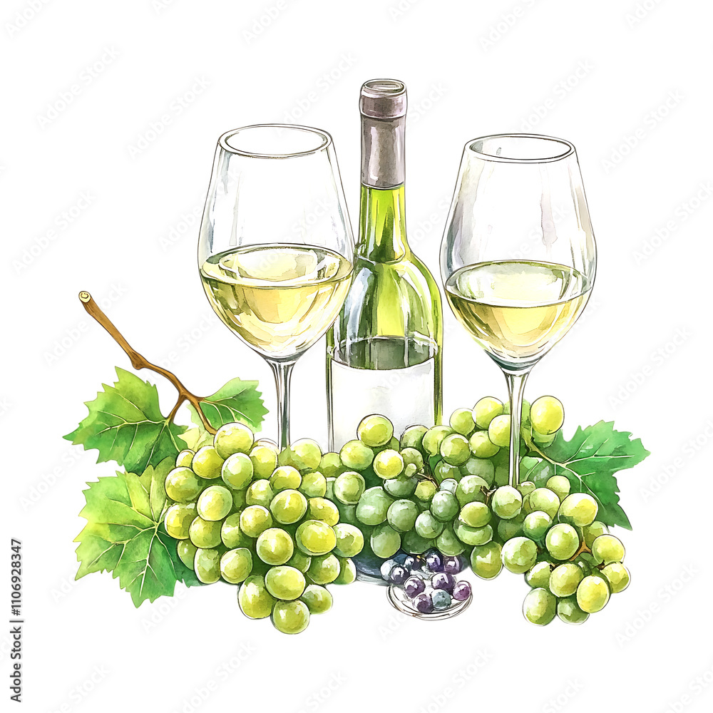 Watercolor Illustration of White Wine Glasses Bottle and Grapes Watercolor Illustration of White Wine Glasses Bottle and Grapes
