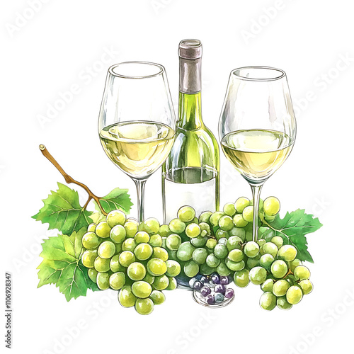 Watercolor Illustration of White Wine Glasses Bottle and Grapes