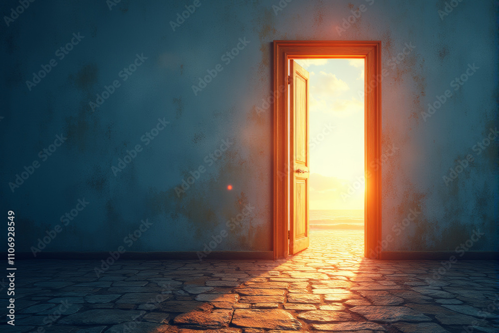 An open door leading to a path that stretches towards a vibrant sunset. An open door leading to a path that stretches towards a vibrant sunset.