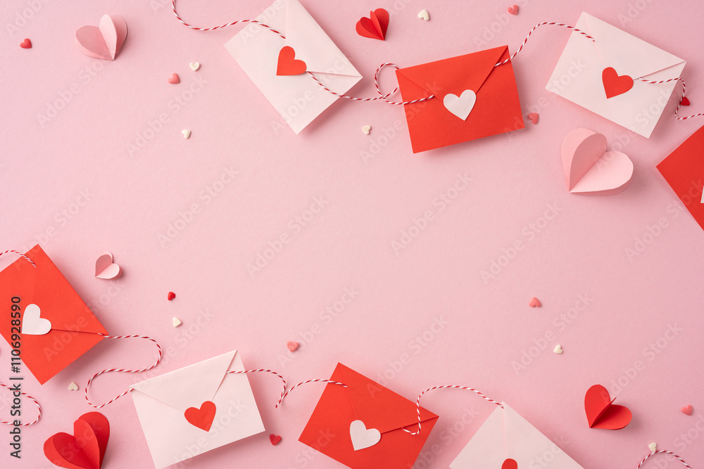 A collection of red and pink envelopes on a pastel background, adorned with heart-shaped decorations, conveying a feeling of love and romance for Valentine's Day A collection of red and pink envelopes on a pastel background, adorned with heart-shaped decorations, conveying a feeling of love and romance for Valentine's Day