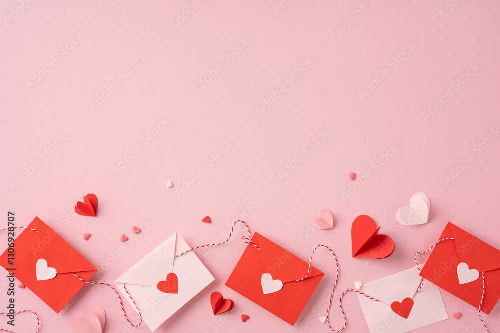 Red and white envelopes with heart decorations on a pastel pink background evoke a romantic valentines day theme Red and white envelopes with heart decorations on a pastel pink background evoke a romantic valentines day theme