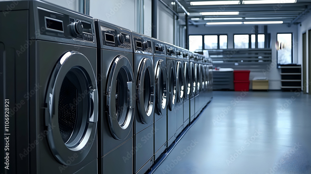 Row of Sleek Black Washing Machines in Facility Row of Sleek Black Washing Machines in Facility