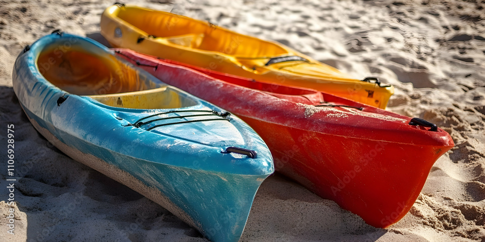 Colorful Kayaks Resting on Sandy Beach Colorful Kayaks Resting on Sandy Beach