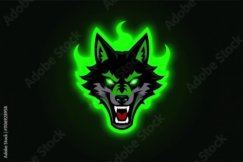 Fierce neon green wolf mascot with glowing flames and intense expression. photo