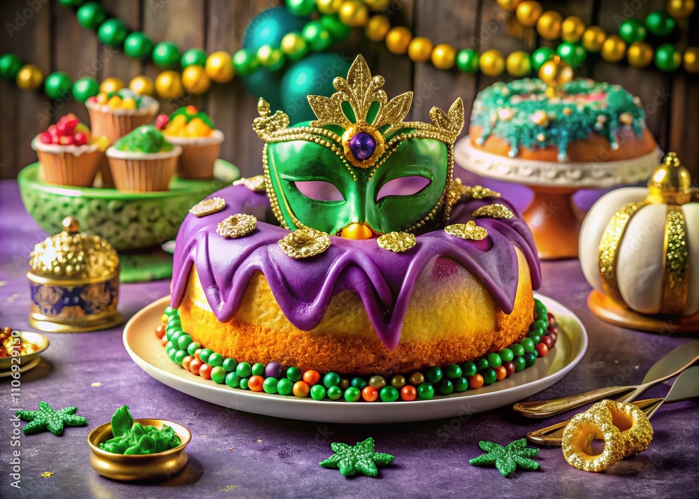 Festive Mardi Gras King Cake Display with Colorful Decorations, Slices, and Decorative Sprinkles for a Vibrant Celebration Experience Festive Mardi Gras King Cake Display with Colorful Decorations, Slices, and Decorative Sprinkles for a Vibrant Celebration Experience