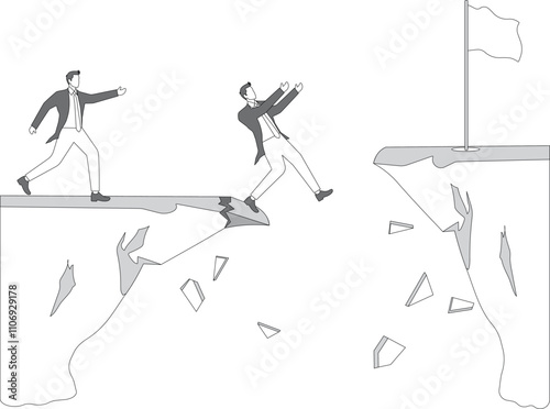 Over confident, Businessman jumping off cliff abyss for higher level but failing