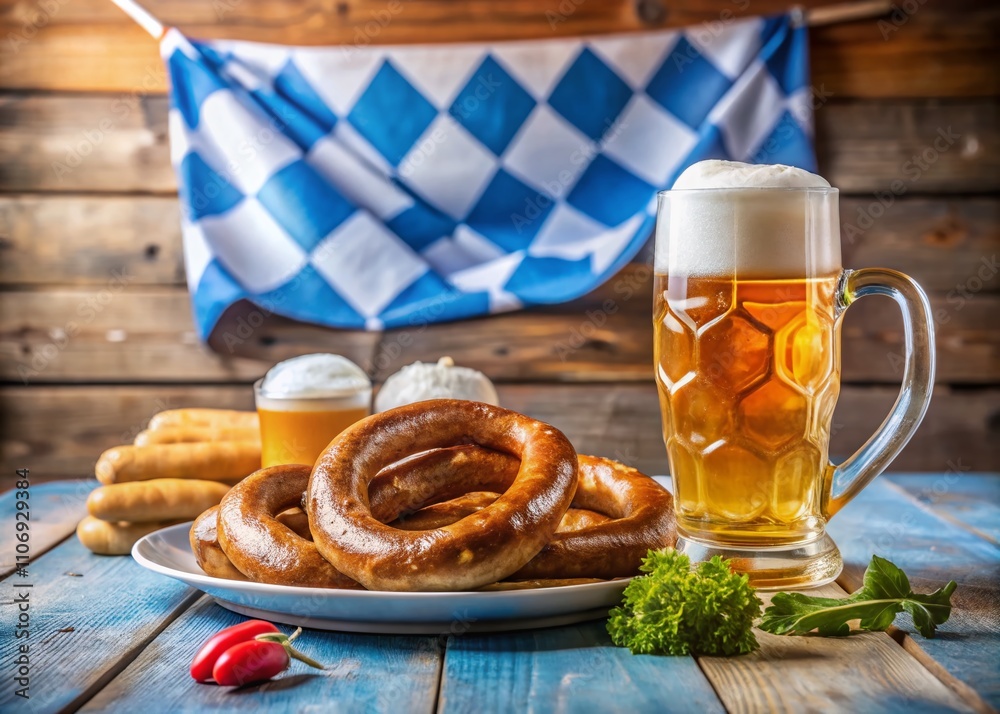 Festive Oktoberfest Spread Featuring Foam Beer, Sausages, Pretzels, and the German Flag with a Perfect Rule of Thirds Composition to Celebrate Bavarian Culture Festive Oktoberfest Spread Featuring Foam Beer, Sausages, Pretzels, and the German Flag with a Perfect Rule of Thirds Composition to Celebrate Bavarian Culture