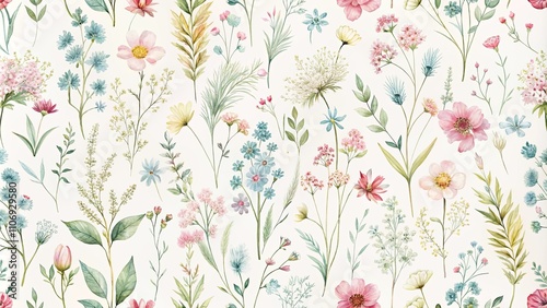 Wallpaper Mural Delicate Watercolor Floral Seamless Pattern  A Charming Botanical Illustration Featuring an Array of Pastel Blossoms and Greenery Torontodigital.ca
