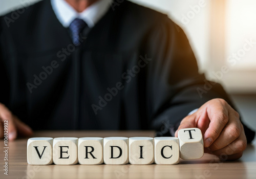 A judge arranging seven cubes labeled 