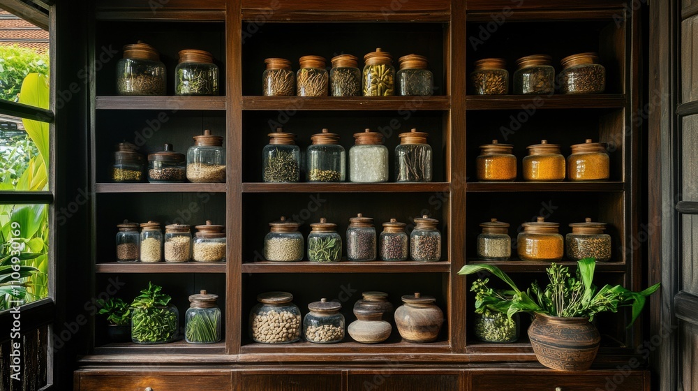 Rustic Spice Rack with Jars and Natural Decor Rustic Spice Rack with Jars and Natural Decor