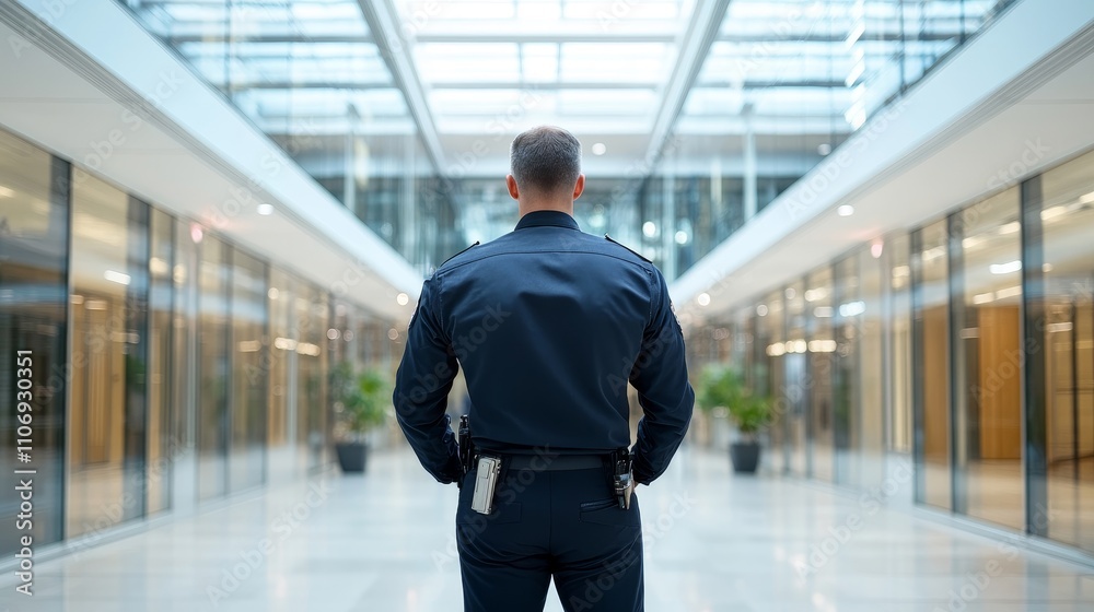 Police Officer Standing in Modern Interior Space
